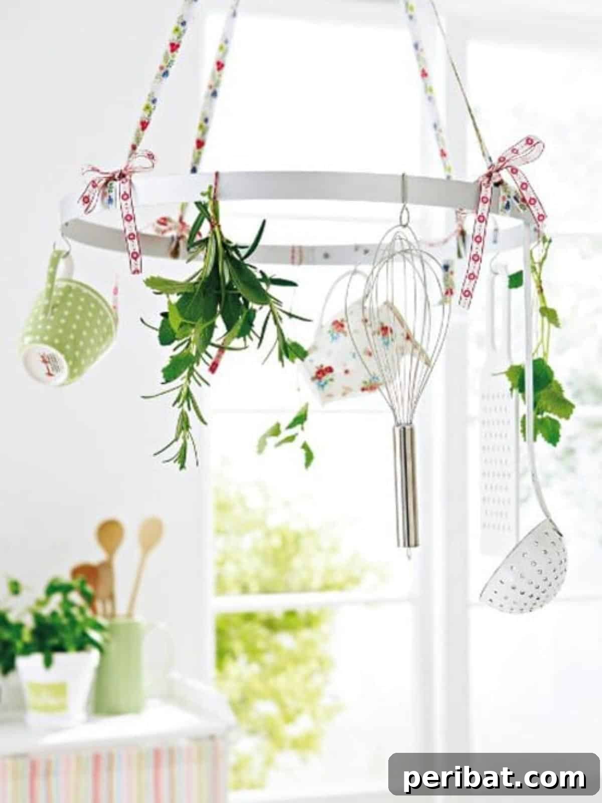 A rustic DIY kitchen hanger crafted from sheet aluminum, suspending metal utensils and dried herbs.