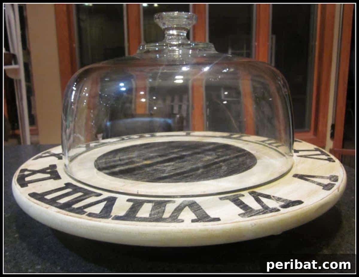 A rustic DIY decorative clock made from a round cutting board with painted Roman numerals.
