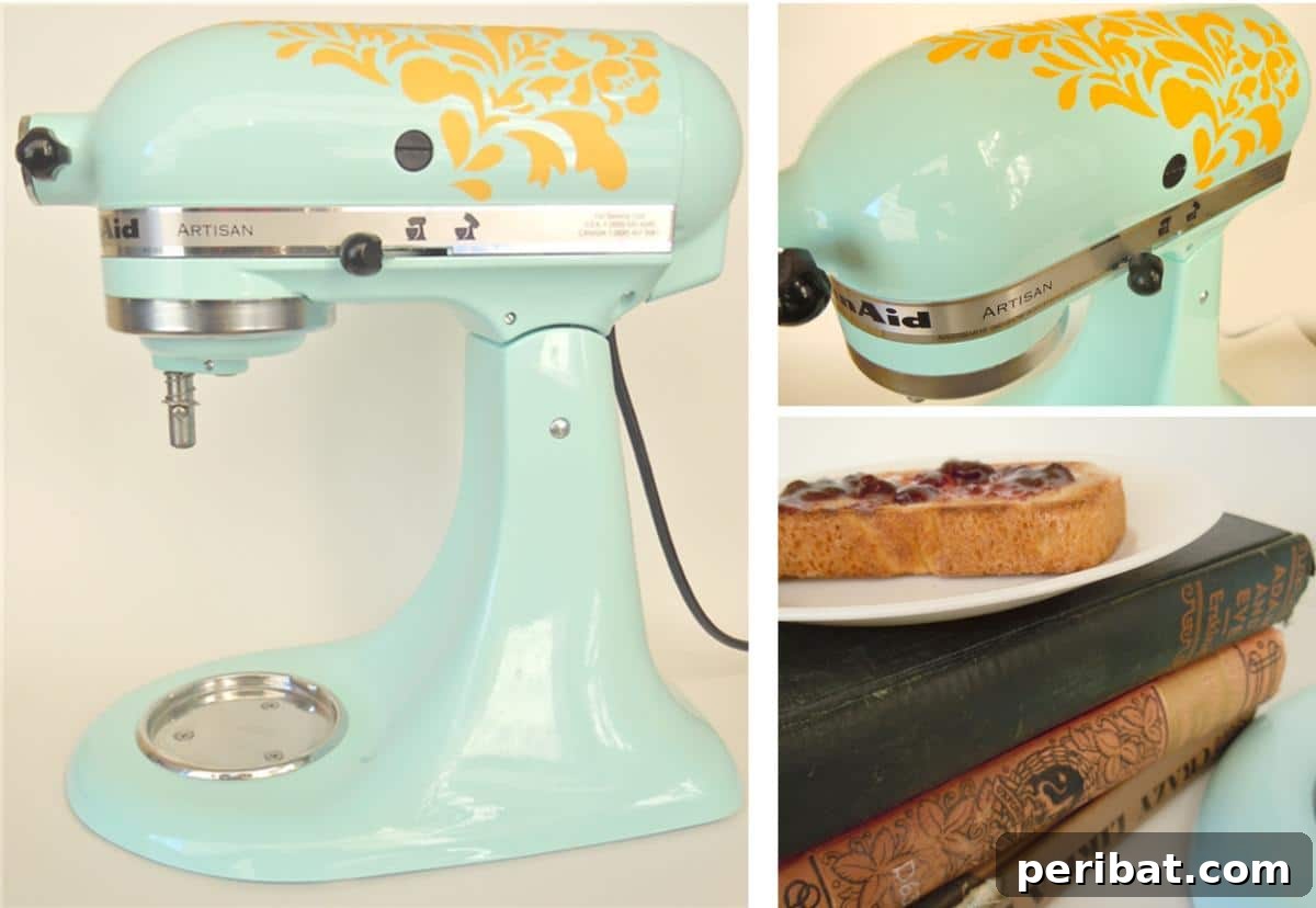 A stand mixer adorned with custom-cut vinyl stencil patterns, transforming it into a piece of kitchen art.