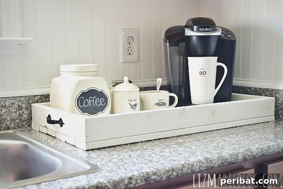 A rustic, distressed white wooden breakfast tray on a bed, showcasing its homemade vintage appeal.