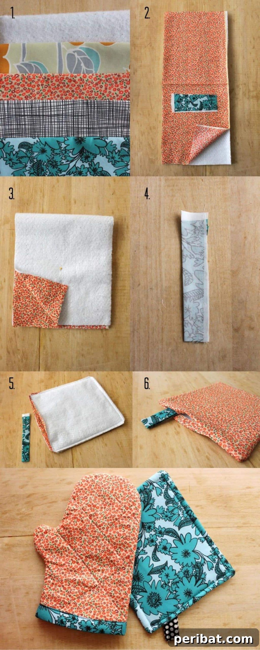 A pair of colorful, homemade quilted oven mitts hanging in a kitchen, ready for use.