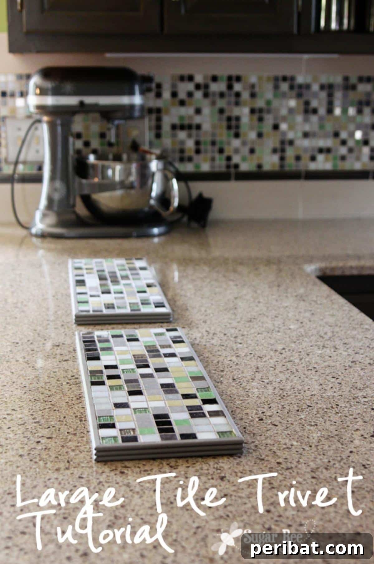 A close-up of a DIY tile trivet, showcasing decorative ceramic tiles set into a wooden frame.