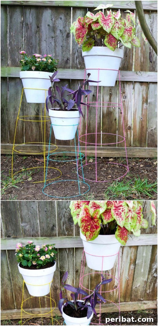 Elevate Your Patio with 10 Easy DIY Plant Stands 12 Colorful Repurposed Tomato Cage Plant Stands