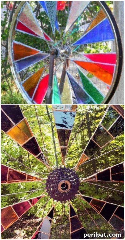 Upcycled bicycle tire rim transformed into a stained glass garden spinner