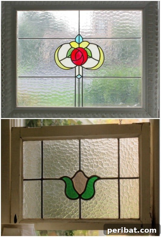 Old window repurposed as a DIY stained glass art piece for a porch