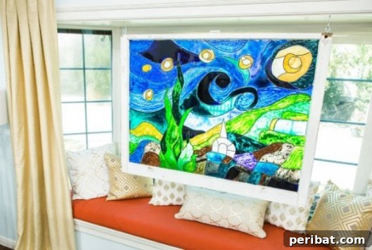 DIY stained glass art made from old window panes for porch decor