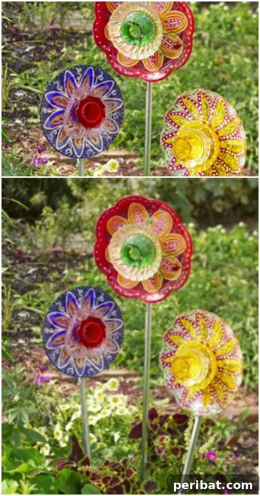 Stained glass flowers crafted from repurposed plates for garden decor