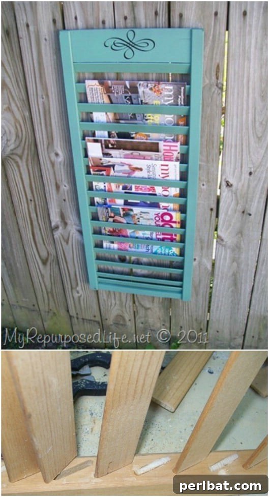 Unlock Rustic Charm: Shutter Repurposing Ideas for Your Home 15 Repurposed Shutter Hanging Magazine Rack for living room