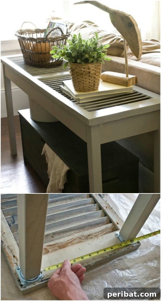 Unlock Rustic Charm: Shutter Repurposing Ideas for Your Home 19 DIY Shutter Sofa Table behind a couch