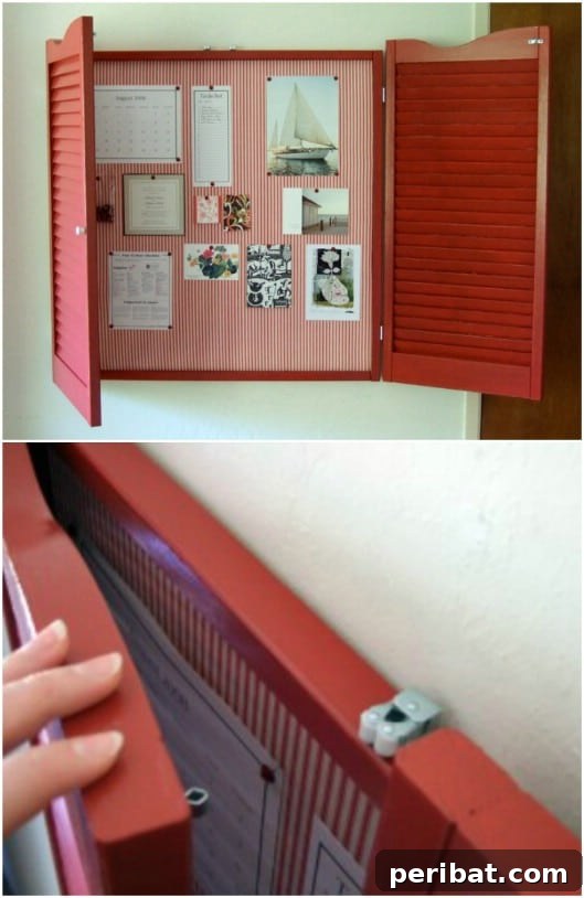 Unlock Rustic Charm: Shutter Repurposing Ideas for Your Home 20 DIY Hinged Door Shutter Bulletin Board for office or kitchen
