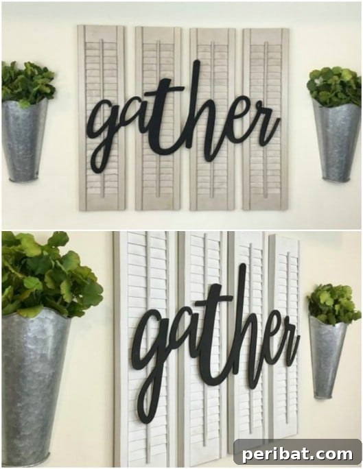 Unlock Rustic Charm: Shutter Repurposing Ideas for Your Home 22 Repurposed Shutter Farmhouse Decor with 'Gather' lettering