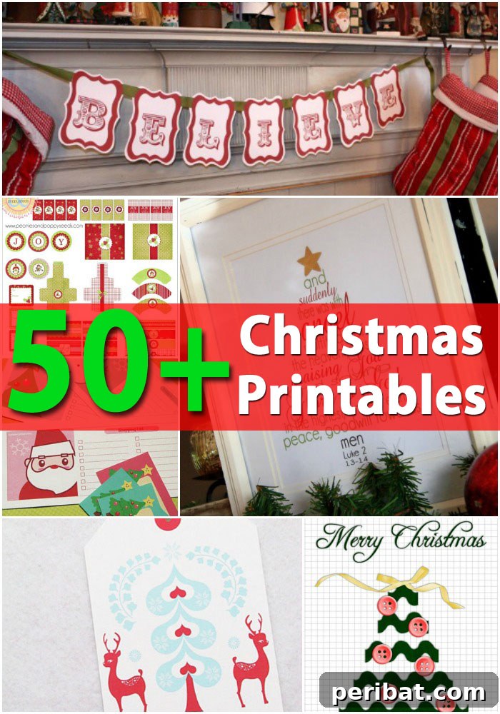 The Essential 50 Plus Creative Christmas Printables Pack 2 A beautifully arranged collage of various Christmas printables, featuring gift tags, decorative elements, and holiday-themed artwork.
