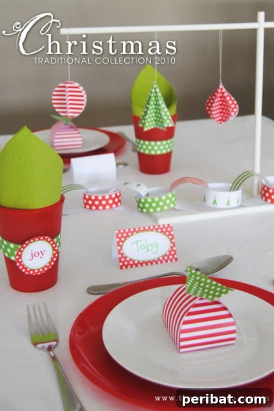 The Essential 50 Plus Creative Christmas Printables Pack 16 Peppermint Party Supplies printables, including cup bands, hanging decorations, and favor boxes.