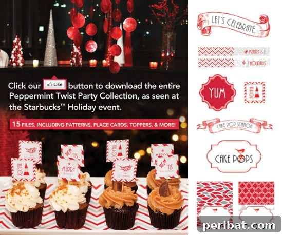 The Essential 50 Plus Creative Christmas Printables Pack 19 Peppermint Twist Printables for holiday table decor, including place cards, straw tags, and cupcake sticks.