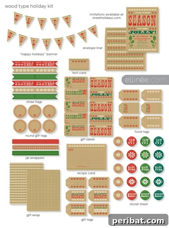The Essential 50 Plus Creative Christmas Printables Pack 24 Rustic Wood Printables, including invitations, banners, and gift tags with a vintage wood look.