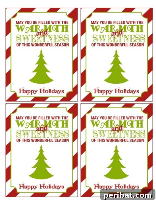 The Essential 50 Plus Creative Christmas Printables Pack 32 Warmth and Sweetness Printables featuring festive gift tags and candy wrappers in red and green.