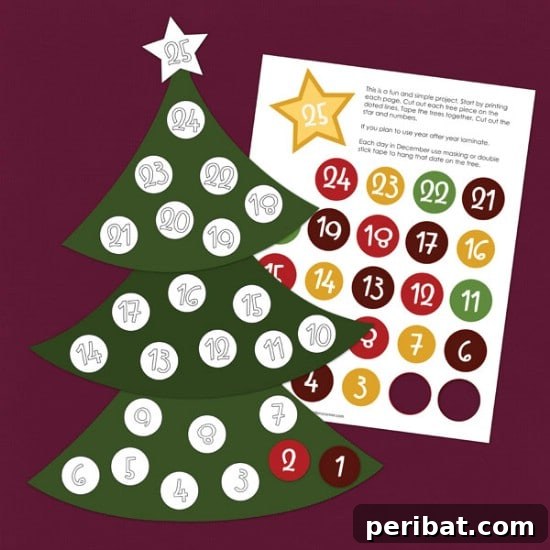 The Essential 50 Plus Creative Christmas Printables Pack 45 Christmas Countdown Calendar printable in a Christmas tree design for kids to track days until Christmas.