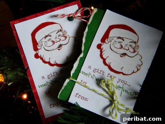 The Essential 50 Plus Creative Christmas Printables Pack 50 Santa Gift Tags printable featuring Santa's jolly face in two different styles.
