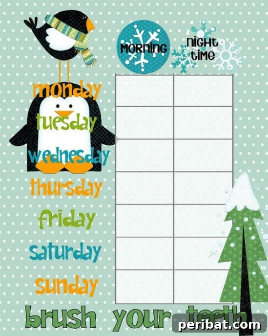 The Essential 50 Plus Creative Christmas Printables Pack 51 Christmas Chore Chart Printable for kids, with daily slots for morning and night tasks.
