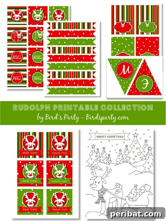 The Essential 50 Plus Creative Christmas Printables Pack 9 Comprehensive Christmas Party Pack with banners, invitations, and coloring pages featuring Rudolph.