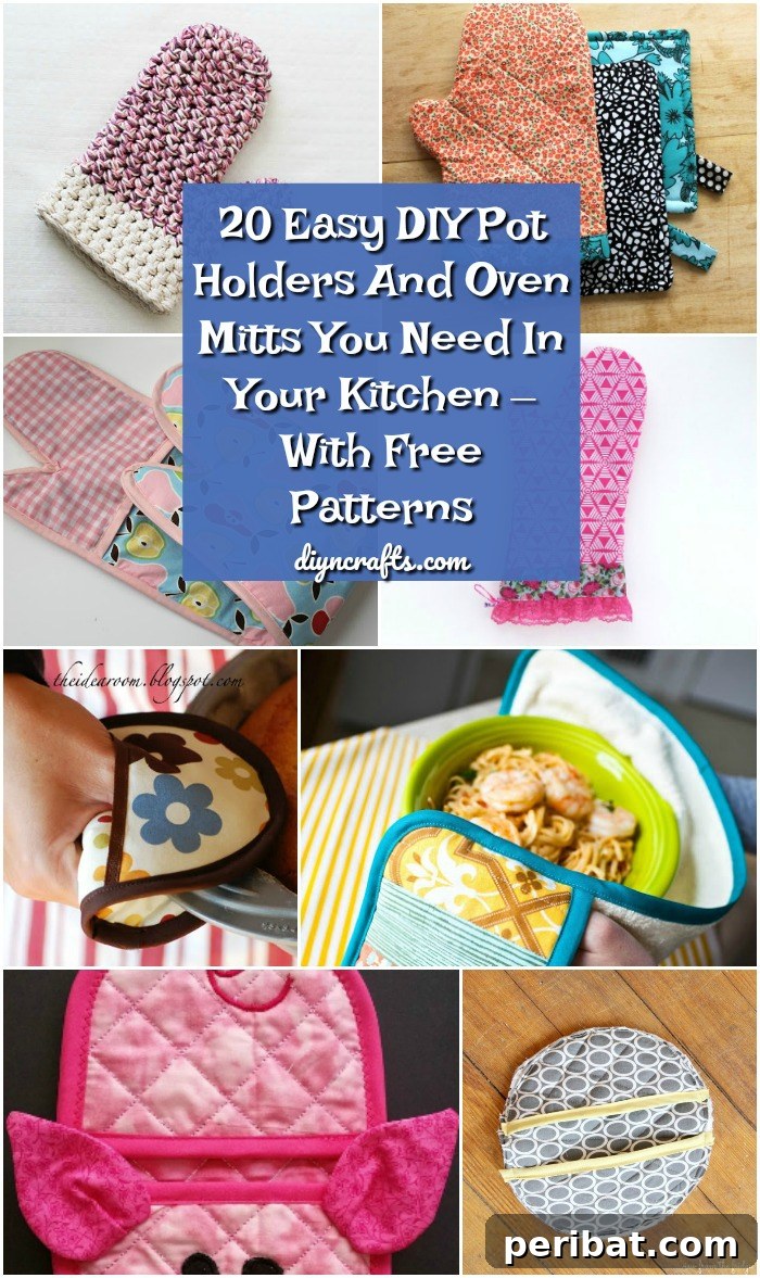 Collection of colorful DIY hot pads and oven mitts