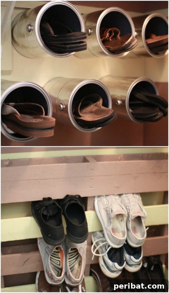 Repurposed Paint Bucket Shoe Holders