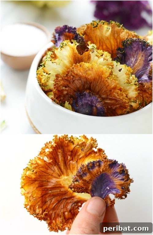 Crunchy garlic-roasted kale chips on a baking sheet