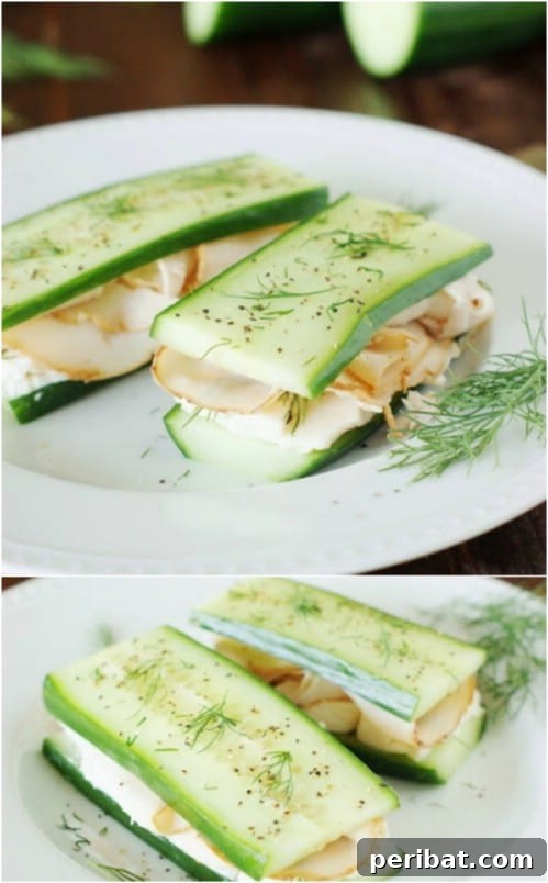 Mini sandwiches made with cucumber slices instead of bread, filled with smoked turkey