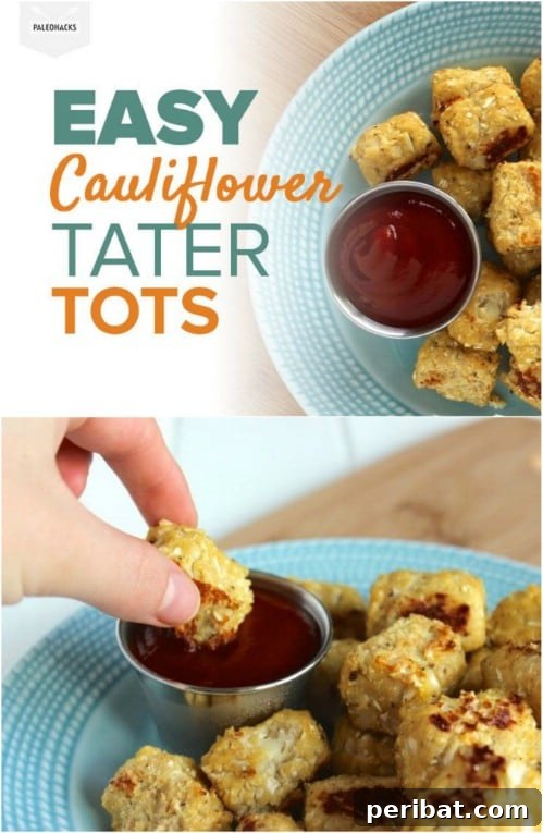 Golden-brown cauliflower tater tots arranged on a platter