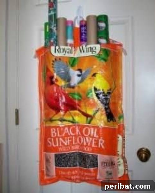 Repurposed Feed Bag Gift Wrapping Station
