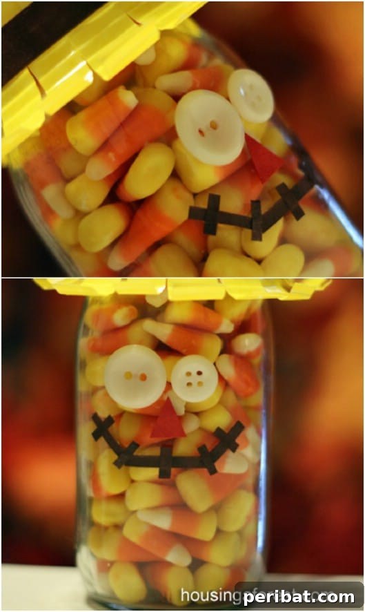 Whimsical Scarecrow Creations for Festive Autumn Decor 11 Mason jar scarecrow filled with candy corn, featuring a painted face and burlap hat
