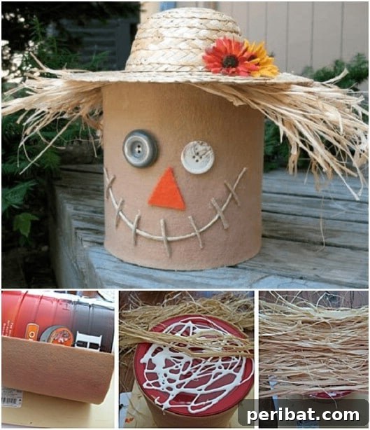 Whimsical Scarecrow Creations for Festive Autumn Decor 12 Adorable scarecrow crafted from a repurposed coffee can, decorated with felt and raffia