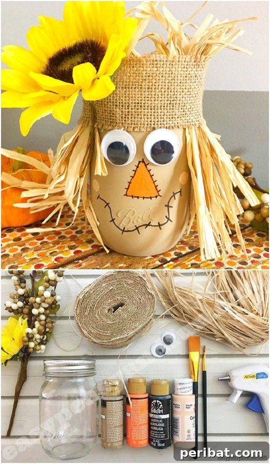 Whimsical Scarecrow Creations for Festive Autumn Decor 15 Adorable DIY mason jar scarecrow with painted face, burlap hat, and faux hay hair