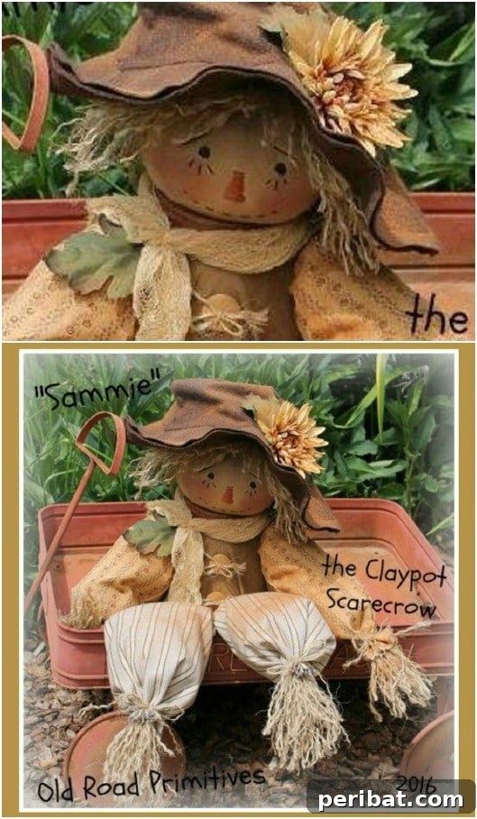 Whimsical Scarecrow Creations for Festive Autumn Decor 16 Charming handsewn primitive scarecrow doll with an embroidered face, perfect for rustic fall decor