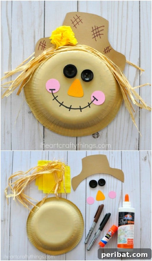 Whimsical Scarecrow Creations for Festive Autumn Decor 17 Simple and fun paper bowl scarecrow craft with raffia hair, ideal for kids' autumn activities