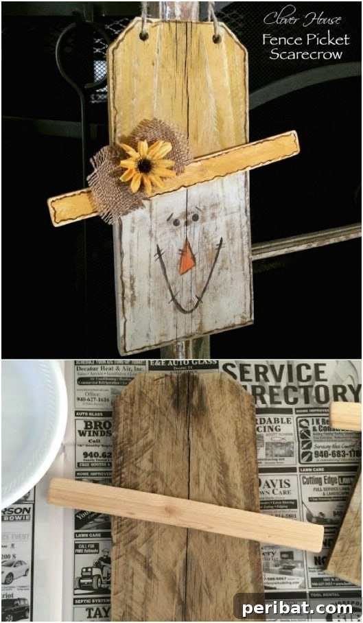 Whimsical Scarecrow Creations for Festive Autumn Decor 18 Rustic DIY scarecrow made from reclaimed picket fence wood, decorated with raffia and sunflowers