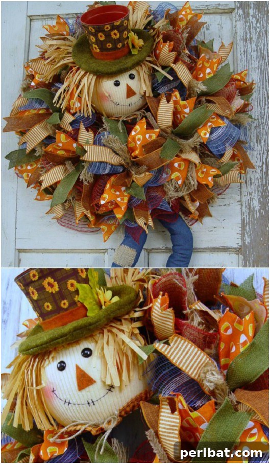 Whimsical Scarecrow Creations for Festive Autumn Decor 19 Whimsical DIY scarecrow wreath featuring a potholder head and dangling legs, for unique fall door decor