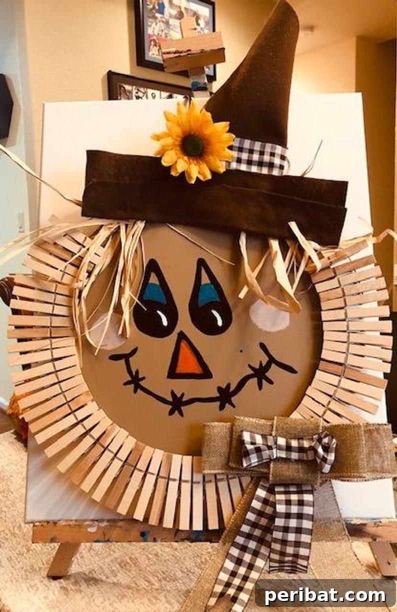 Whimsical Scarecrow Creations for Festive Autumn Decor 21 Unique clothespin scarecrow wreath with a pizza pan base, adorned with ribbons and flowers