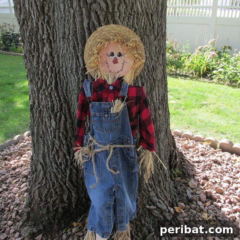 Whimsical Scarecrow Creations for Festive Autumn Decor 24 Sturdy outdoor scarecrow garden stake with a painted wooden face, flannel shirt, and denim overalls