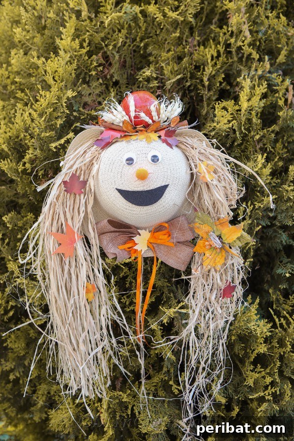 Whimsical Scarecrow Creations for Festive Autumn Decor 8 Charming lady scarecrow head crafted from a recycled straw hat, adorned with flowers and ribbons