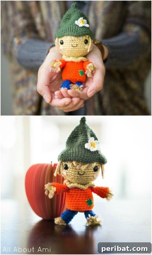 Whimsical Scarecrow Creations for Festive Autumn Decor 10 Hand-crocheted scarecrow doll with straw hair and a tiny flower, an easy autumn crochet pattern