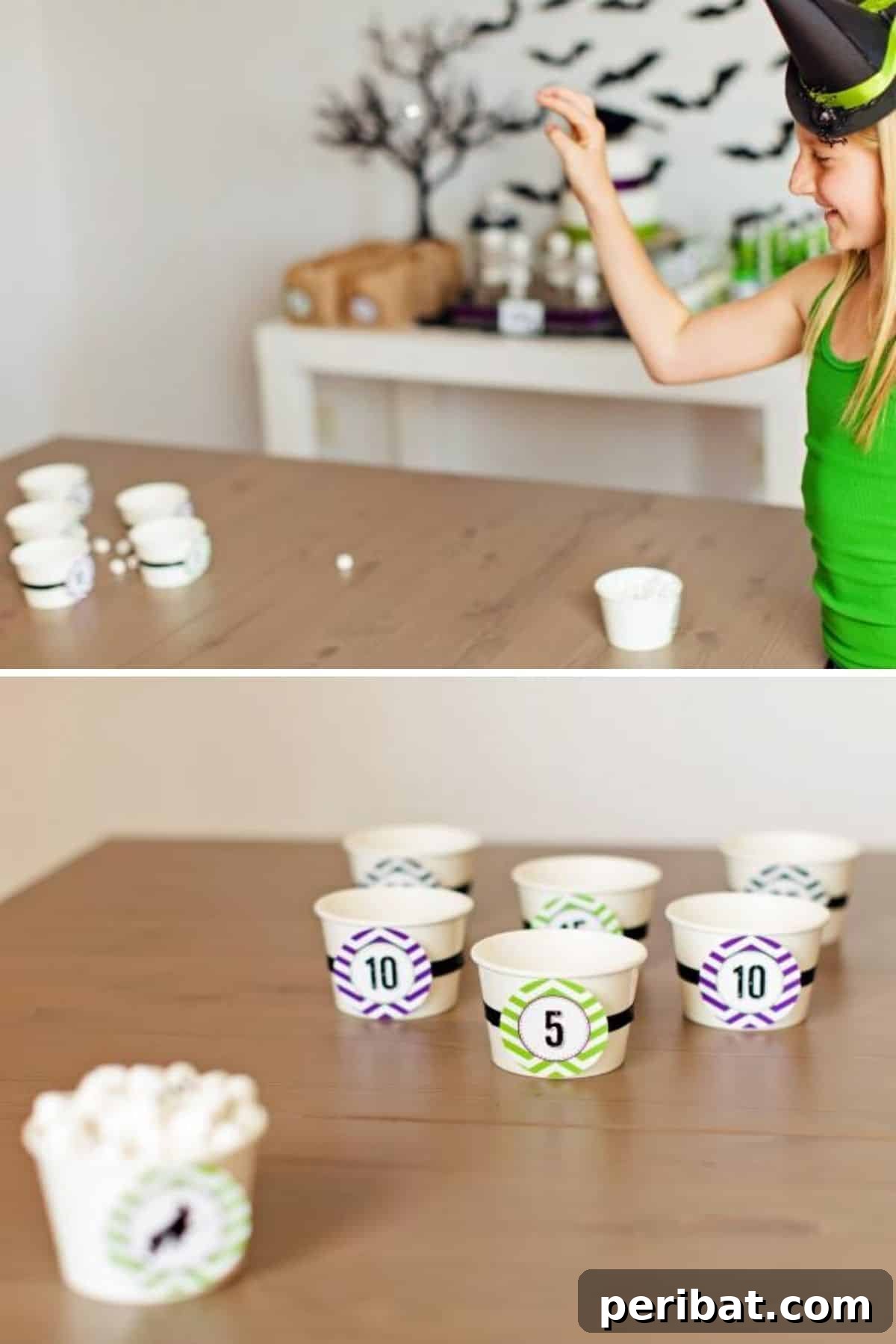 DIY Marshmallow Toss Game - small cups decorated with Halloween themes for a marshmallow tossing game