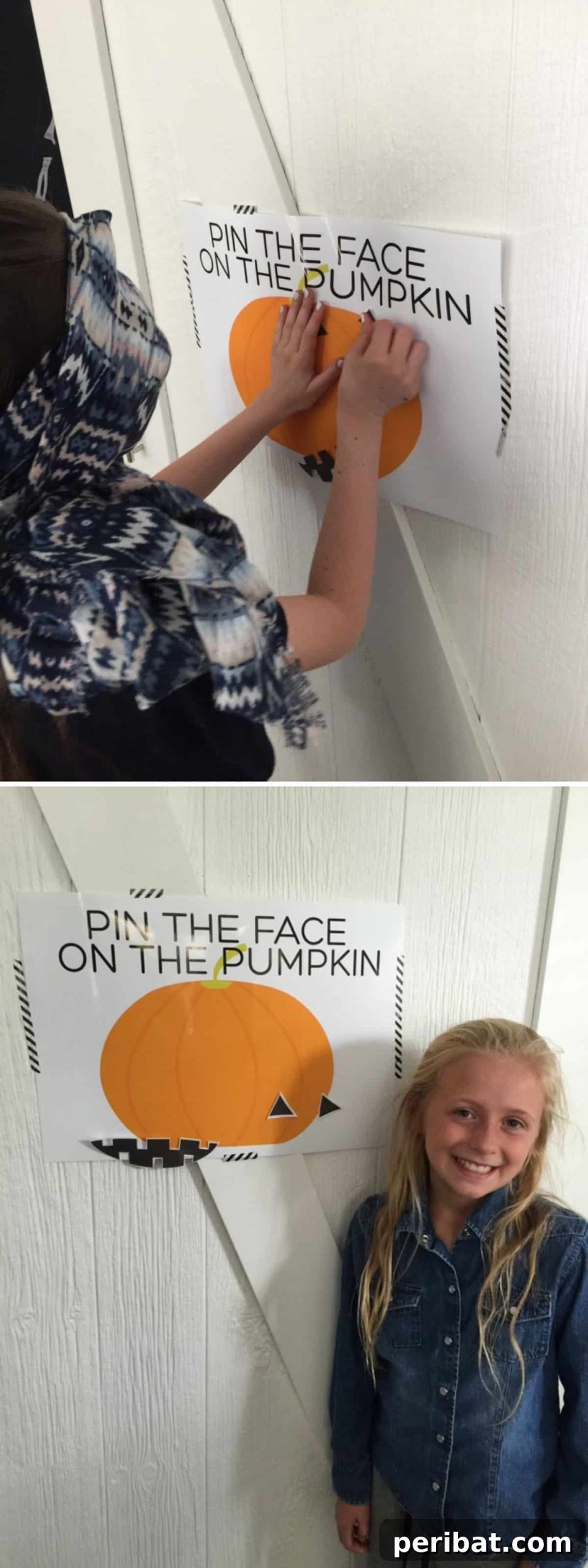Pin The Face On The Pumpkin - a Halloween party game where players try to attach features to a pumpkin while blindfolded