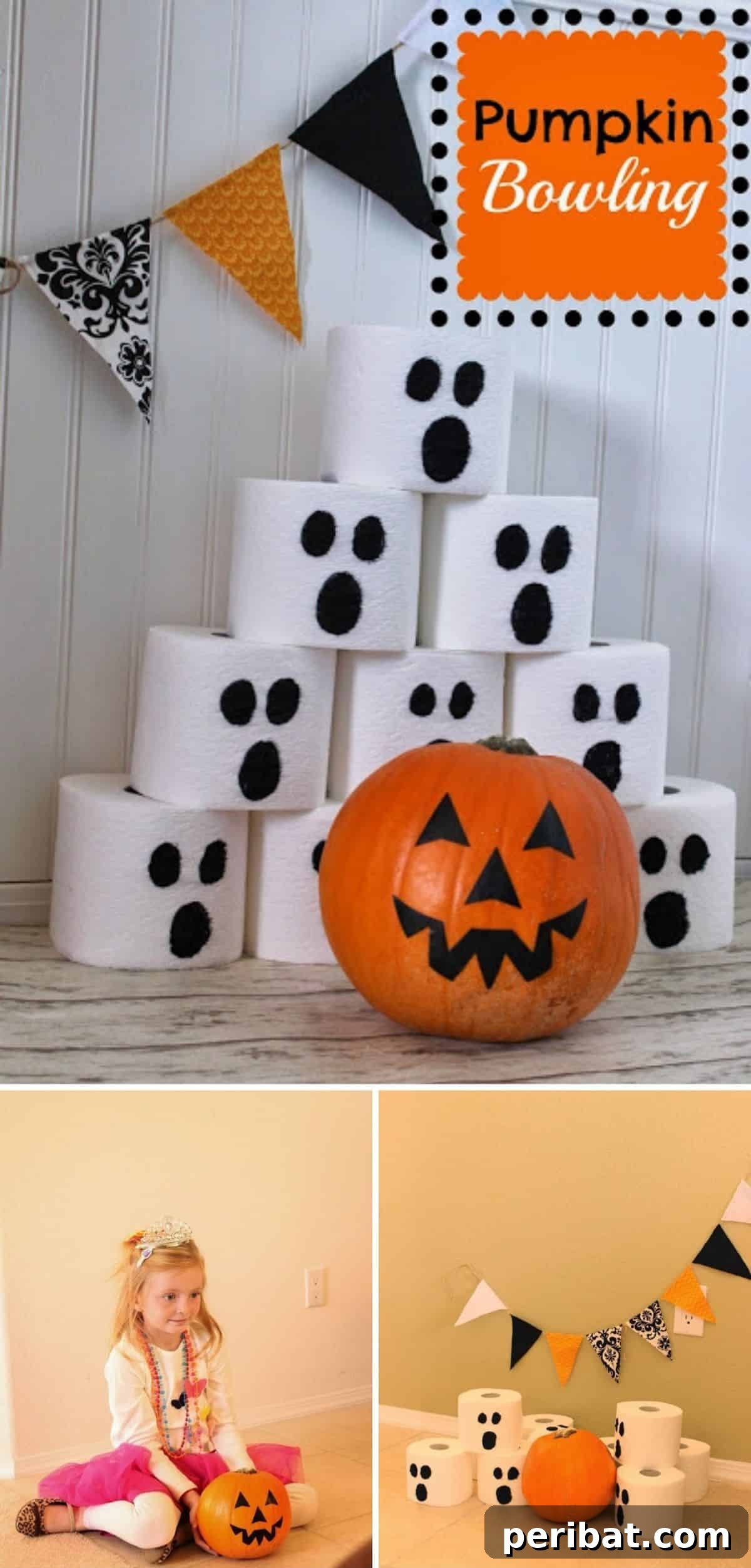 Fun DIY Pumpkin Bowling Game - toilet paper rolls decorated as ghosts and a real pumpkin as a bowling ball
