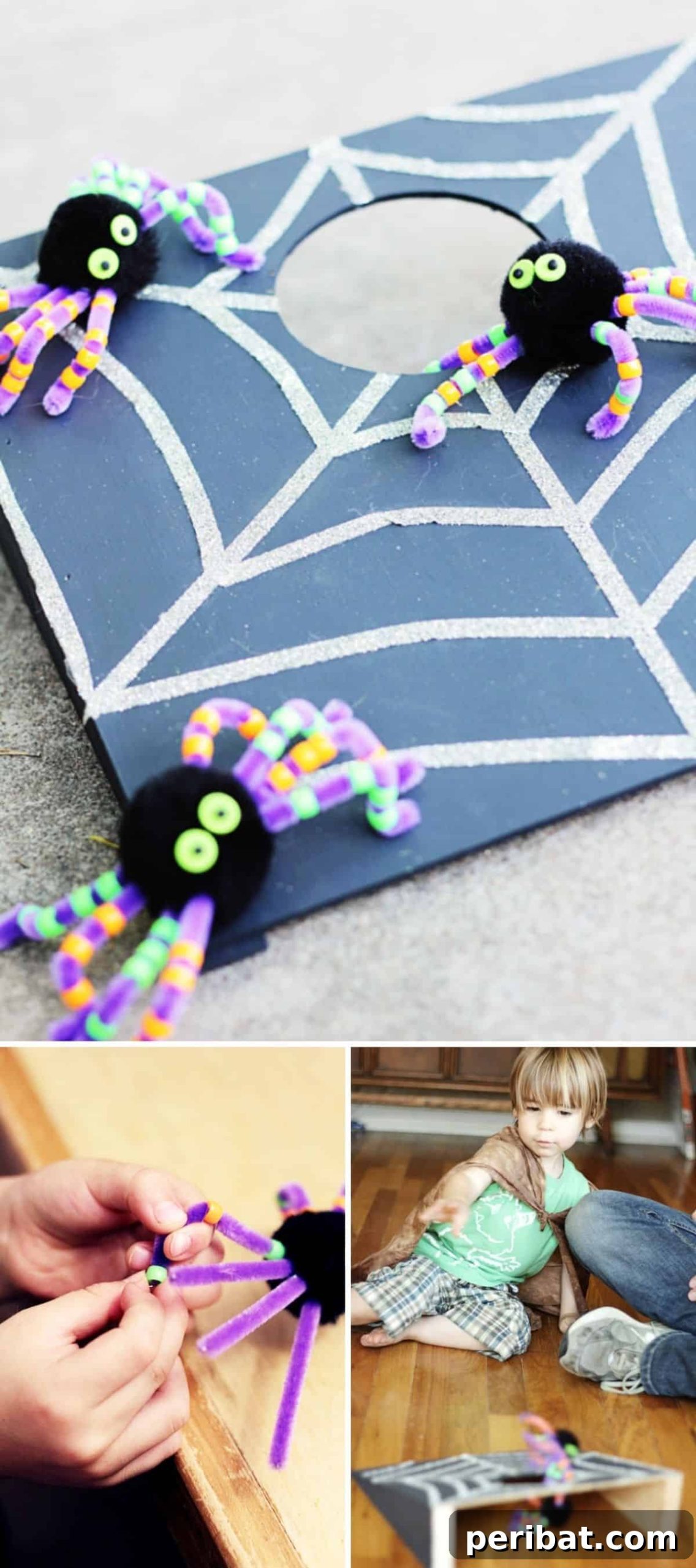 DIY Halloween Cornhole Game For Kids - a tabletop cornhole set decorated with spooky spiderwebs