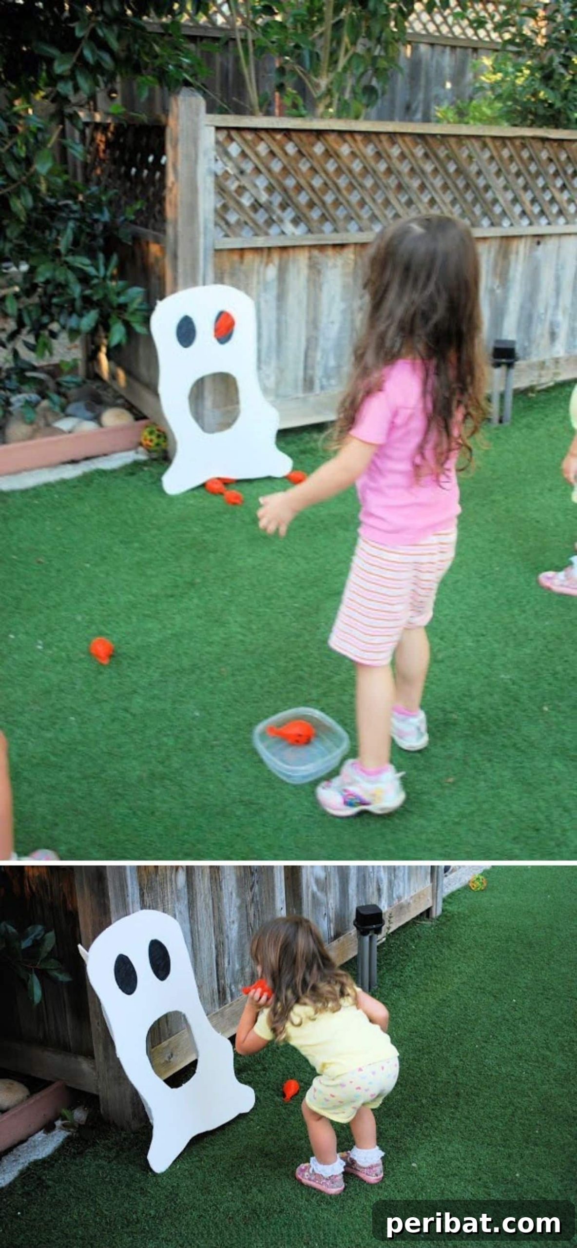 DIY Halloween Ghost Toss - a homemade game where players toss bags into a ghost-shaped target