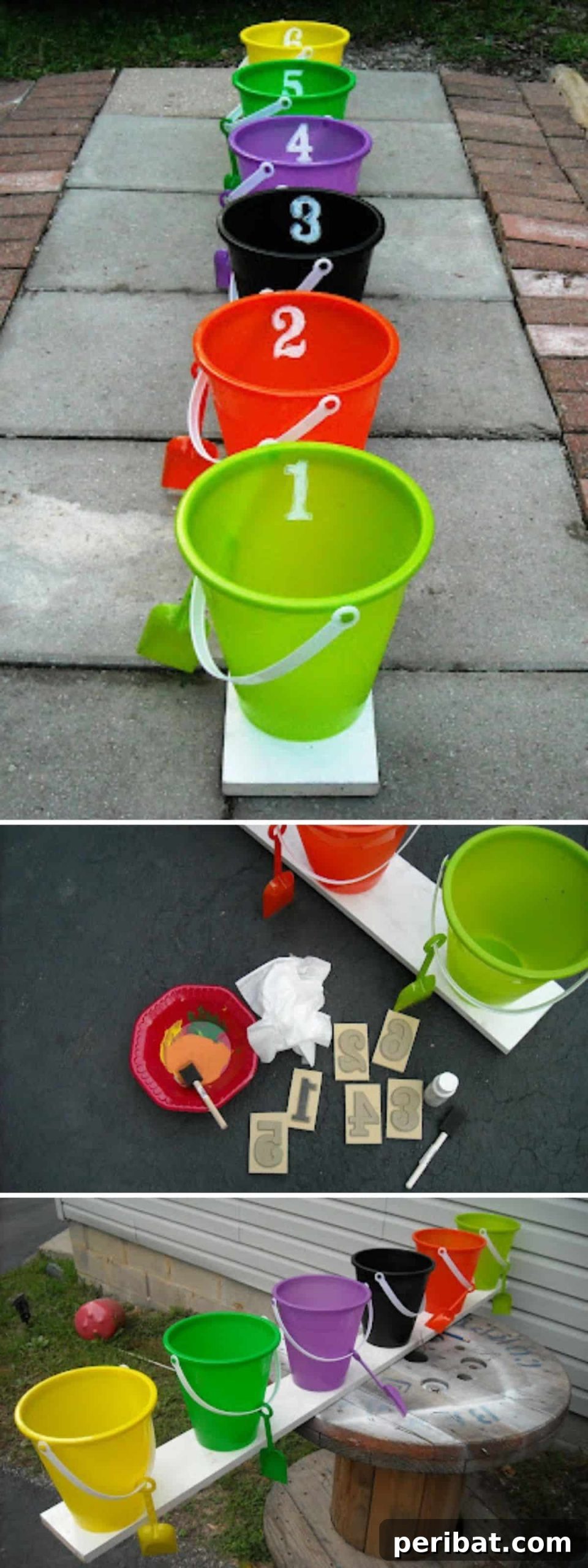 Fun DIY Halloween Bucket Toss Game - buckets decorated for Halloween for a tossing game
