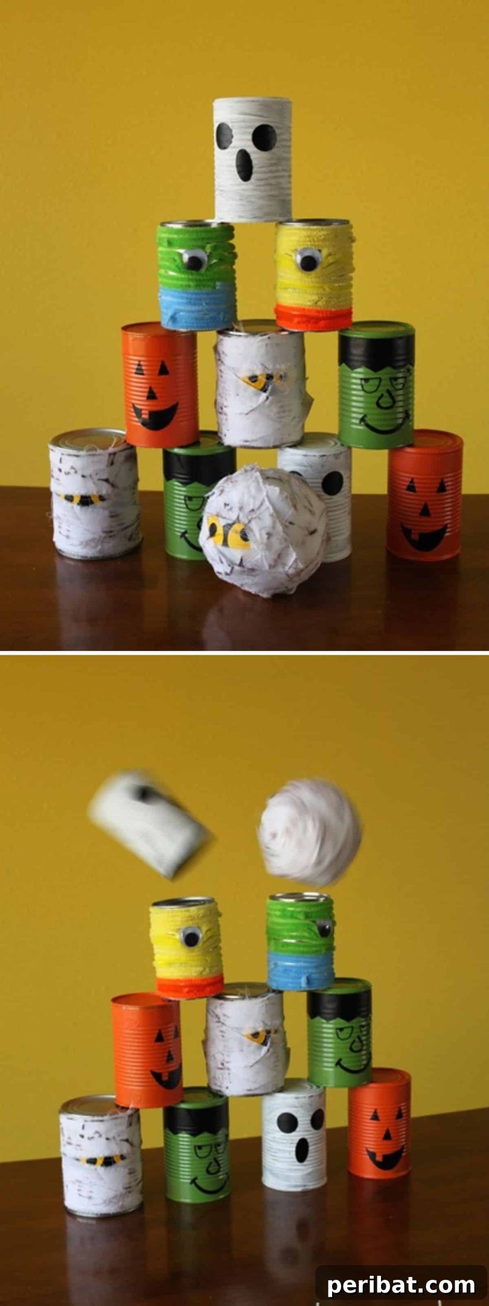 Repurposed Tin Can Halloween Bowling Game - tin cans decorated as Halloween characters for a bowling game