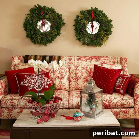 Hang Wreaths - 30 Stunning Ways to Decorate Your Living Room This Christmas