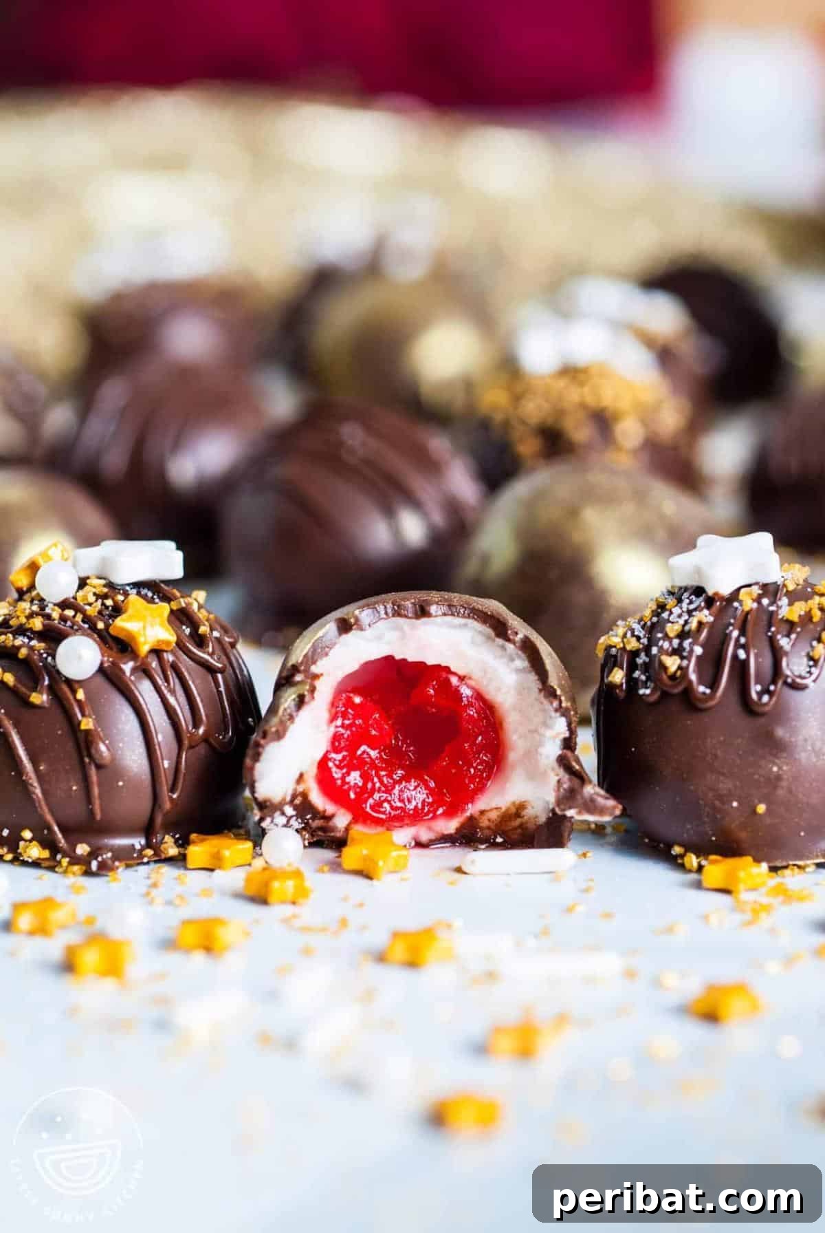 Luxurious homemade chocolate-covered cherry cordials, ready for a festive display.